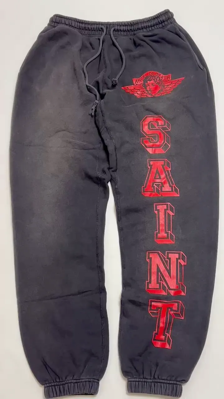 SAINT Mxxxxxx ANGEL SWEAT PANTS/BLK Angel Reborn Crack Print Distressed Sweatpants, Washed Black S-XL Assute Dyeing, Full Spray Fade, Heavy Fermentation Washing, Made with NEW VINTAGE Texture, Four Needles and Six Threads from the Factory, Boneless Patchwork, More Comfortable to Wear, Genuine Level Crack Print/Accessories Restored